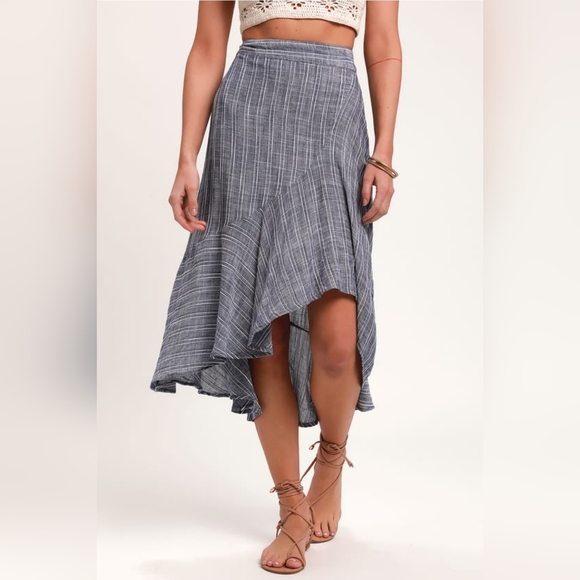 Lulus Dresses & Skirts - By the Bay Washed Blue and White Striped Ruffled Midi Skirt